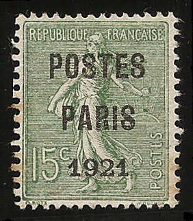 15 centimes vert semeuse Poste Paris 1921 TTB
